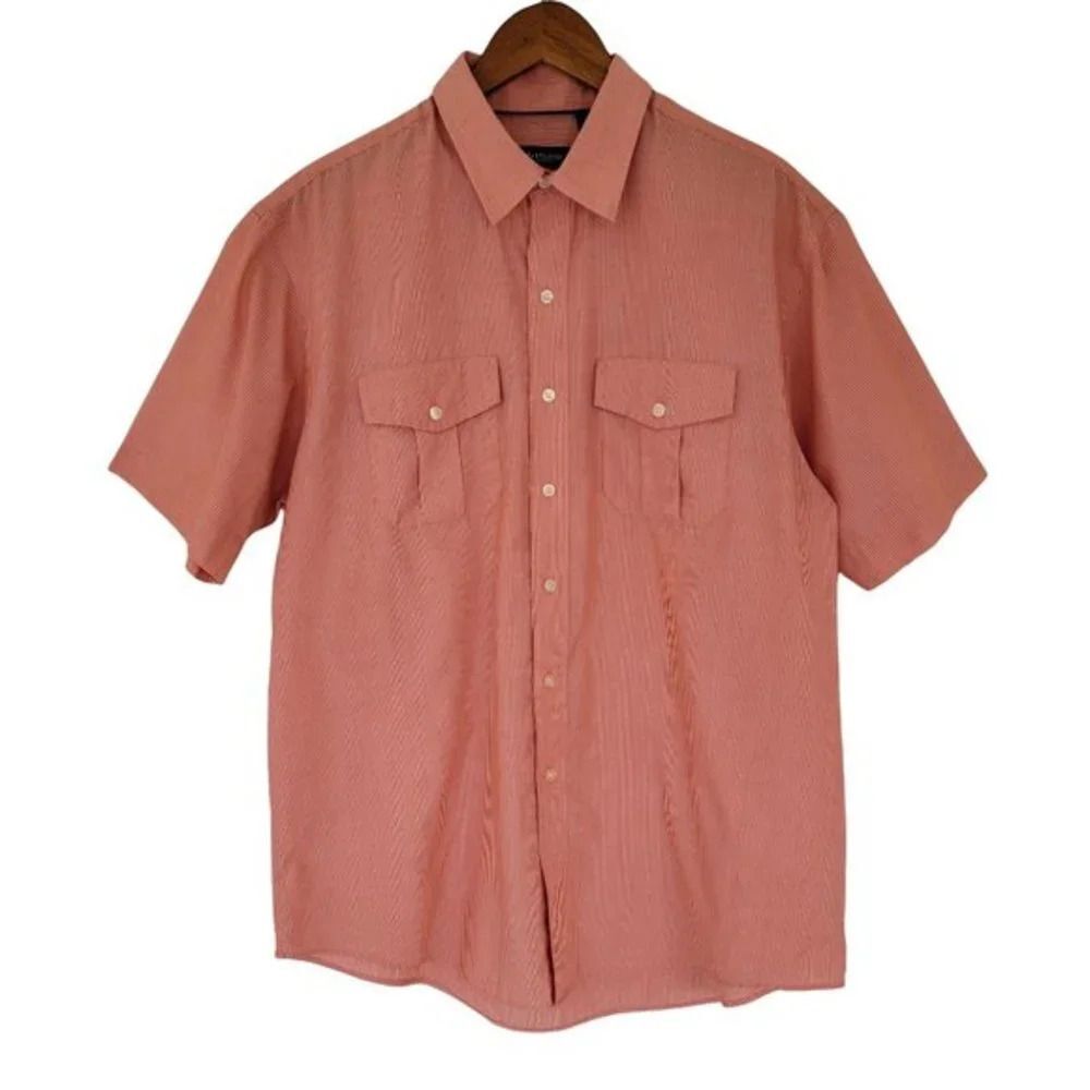 Van Heusen Short Sleeve‎ Striped Button down Shirt Mens Size L Peach